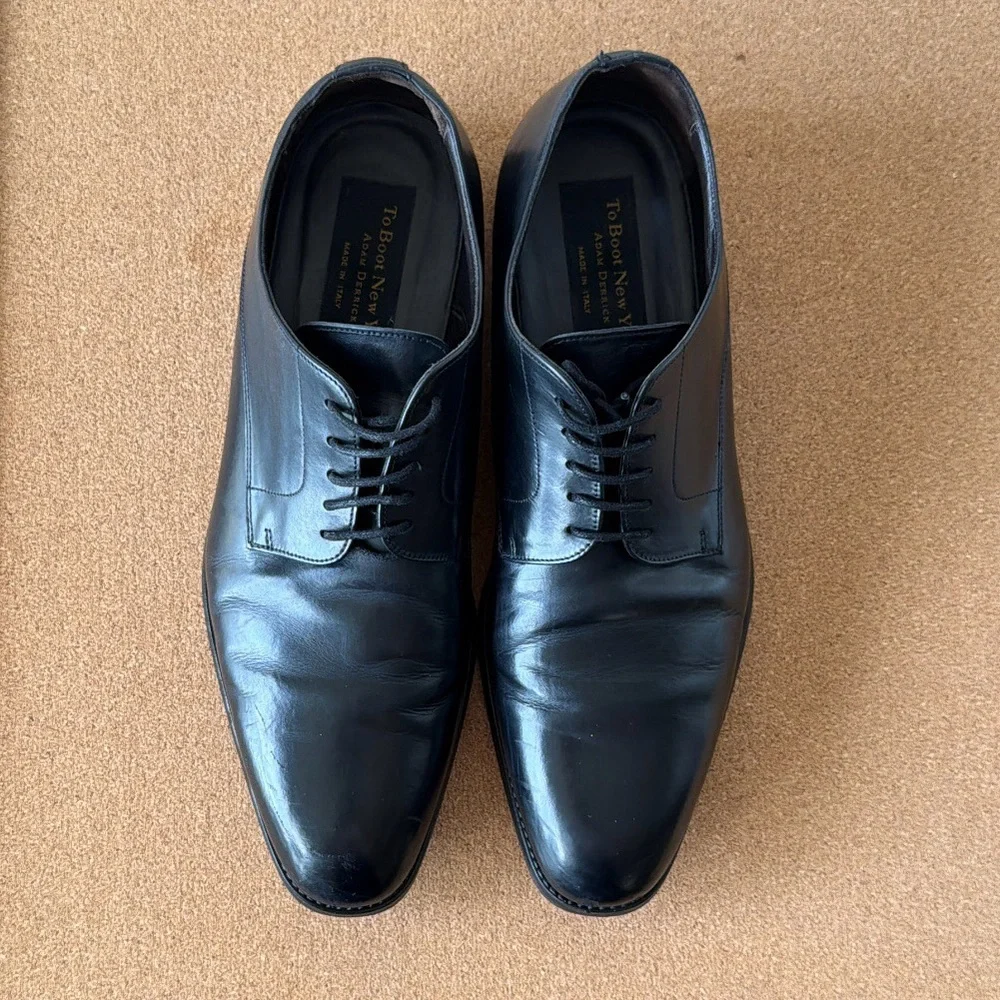 Mens Black Leather Lace Up Derby Dress Shoes Plain‎ Toe 10.5 To Boot NY Italy